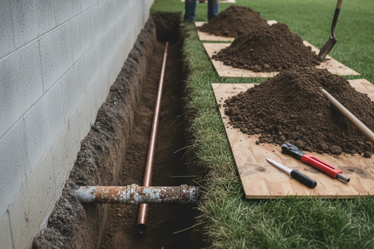 Excavated water line trench during Sewer Line Repair in Lawrence
